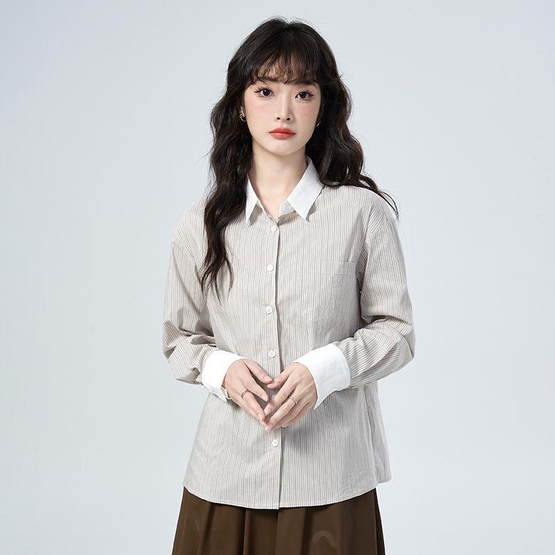 Women s Striped Long-Sleeve Shirt: Professional Layered Top for Spring/Autumn Small