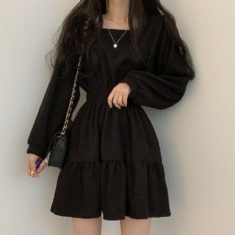Square Collar A-Line Sweet Vintage Design High Waist Mini Length Soft Korean Elegant Women Long Sleeve Gothic Black Dresses