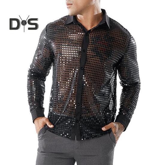 

Мужская рубашка для клубной вечеринки в стиле диско, блестящая, облегающая, с пайетками на лацканах, однобортная, с длинными рукавами, в стиле 70-х годов XL чёрный