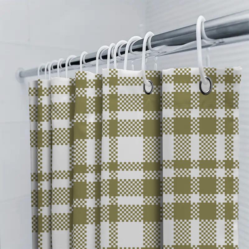 Plaid Shower Curtain Set Bathroom Decor Green White Checkered Waterproof Washable Fabric Home Decoration Free Shipping