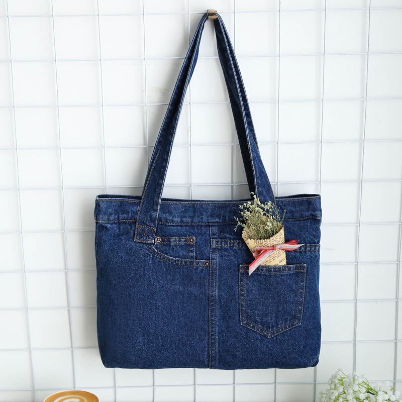 Повседневная джинсовая сумка-тоут в корейском стиле для женщин и студентов темно-синий