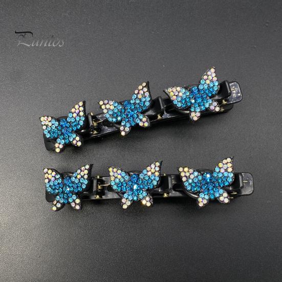 2Pcs Women Hairpins Sparkling Faux Crystal Butterflies Decor Braided Hair Clips Double Layer Bang Hair Pins