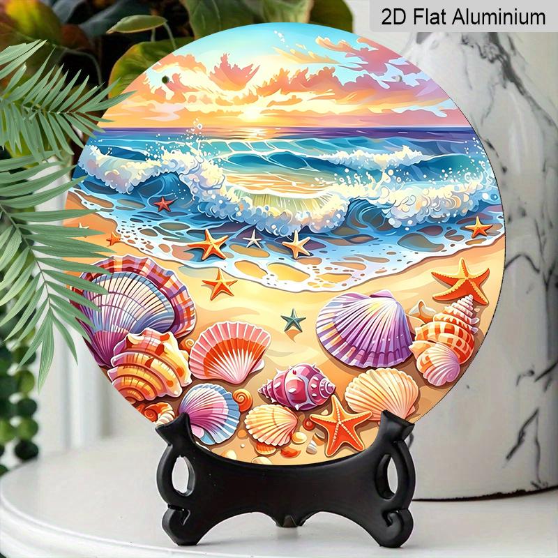 

2D Flat, 1pc Round Aluminum Wall Art Plaque - Starfish and Seashell Coastal Decor, Vibrant Wave Patterns, Weather-Resistant Indoor/Outdoor Home or 7.87x7.87inch