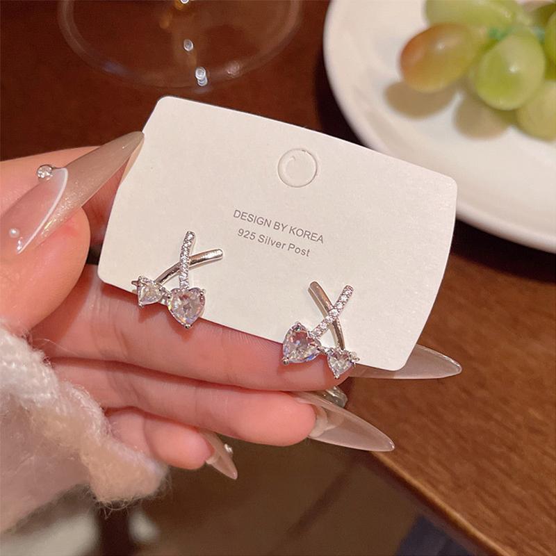 LATS Korean Sweet and Delicate Zircon Cherry Heart Stud Earrings for Women 925 Silver Post Small Cross Earring Fashion Jewelry