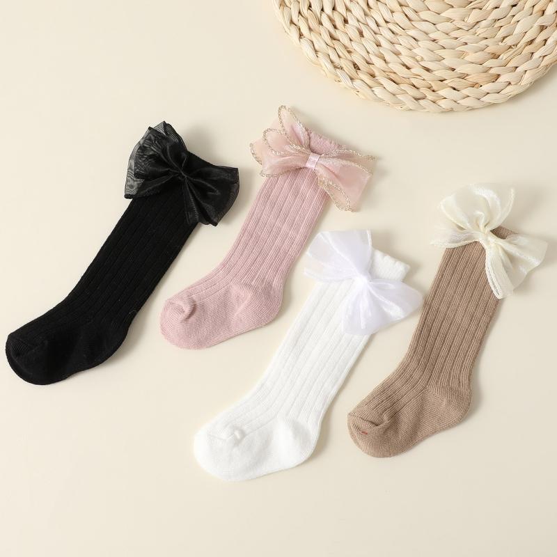 4pairs/set New Autumn Baby Girls Socks 0-2Y Infant Bow Solid Color Mid-tube Socks Baby Accessories