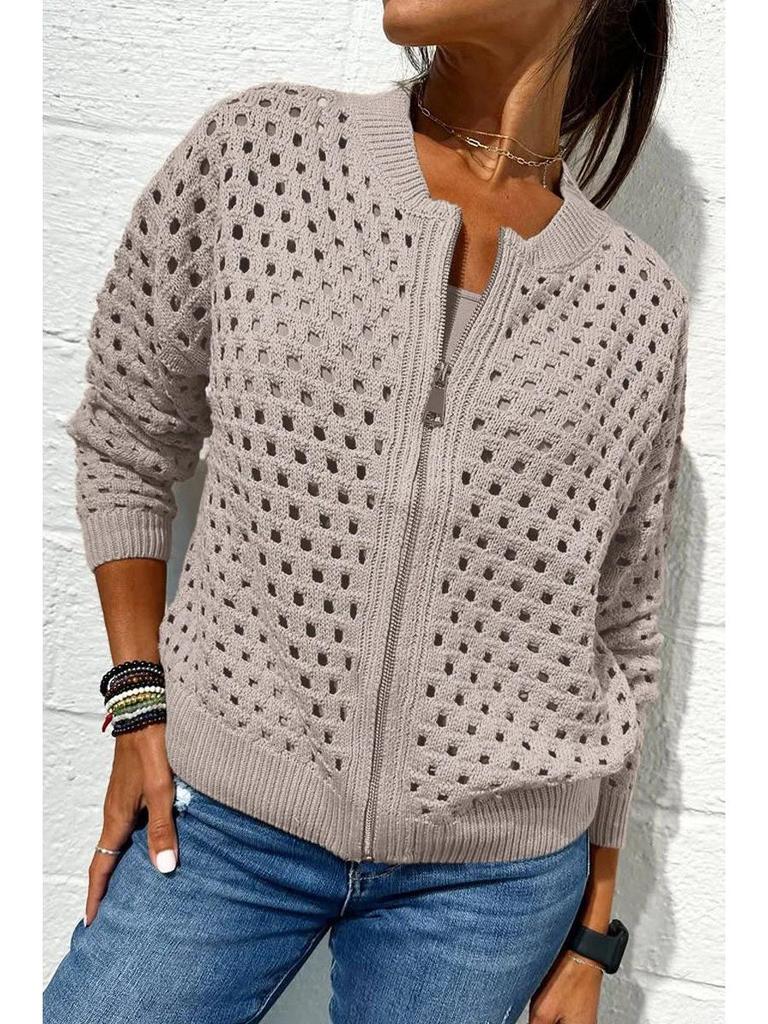 2025 Women's Casual Fashion Hollow Knit Zipper Jacket - European & American Style