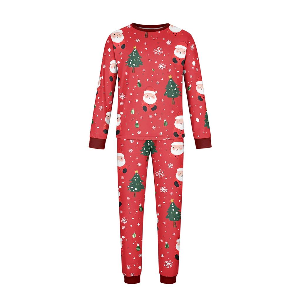 Family Matching Christmas Pajamas Set Long Sleeve Neck Print Loungewear for Parents and Kids