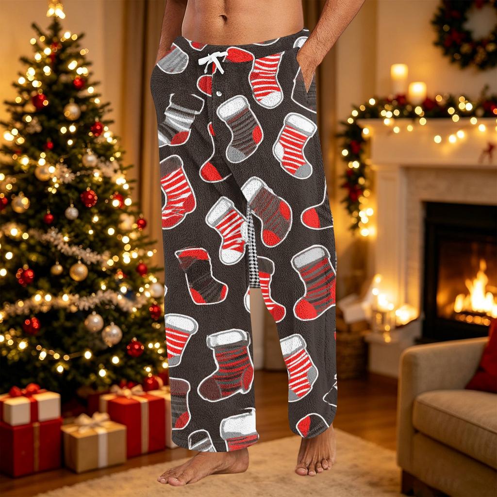 Pantalones de Pijama de Felpa con Estampado Navideño Casual para Hombre Ropa de Dormir para las Fiestas