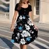Fashion Women Summer Vintage Floral Dress Elegant Short Sleeve Midi Dress