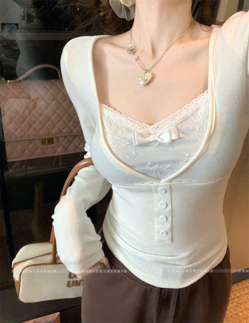 

Premium Cashmere Lace Patchwork Two-Piece Long-Sleeve Women s Top for Autumn/Winter XL