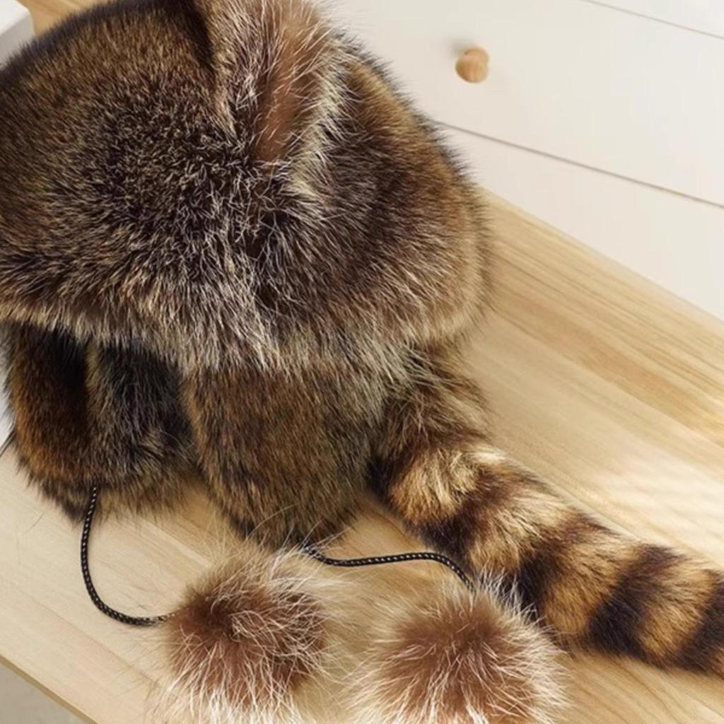 Raccoon Fur Earflap Hat - Warm Faux Fur Hat for Autumn/Winter, Unisex for All Ages