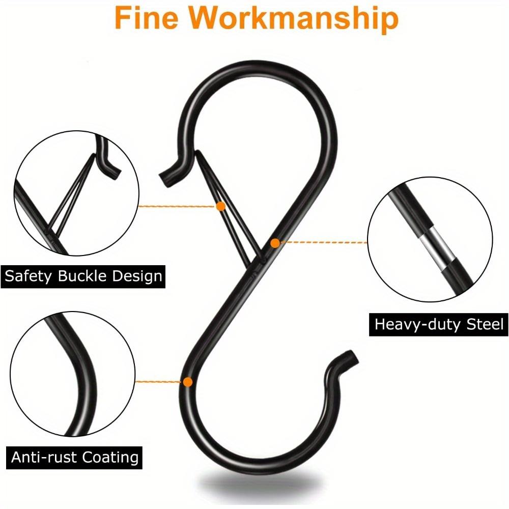 20pcs Set S-Shape Hooks with Safety Buckle Heavy Duty Black Closet Hooks Kitchen Pot Rack Hooks Multi-function Metal S Hooks