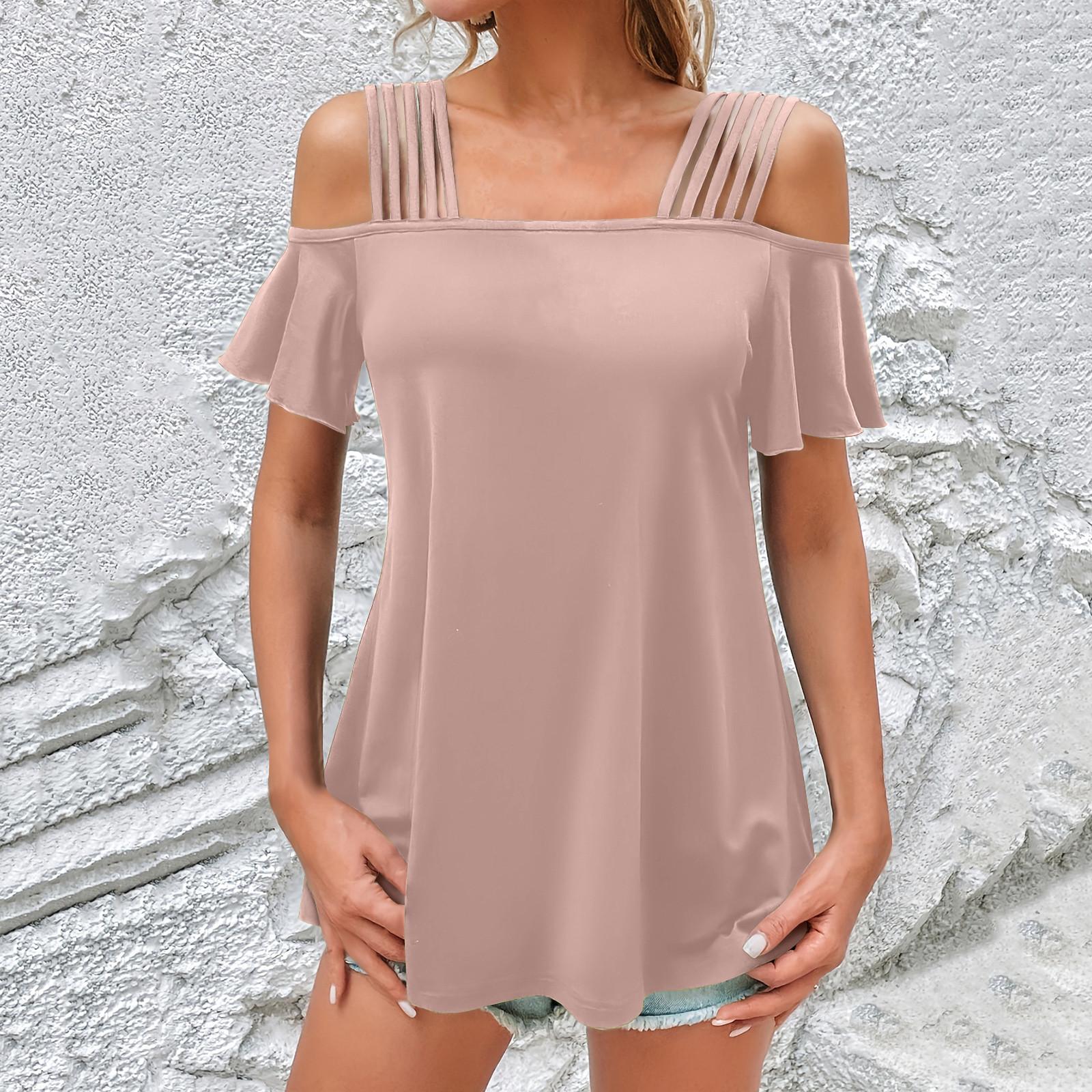 

Женские топы, рубашки с короткими рукавами, воротник-бато, свободные повседневные рубашки, однотонные футболки с рюшами на рукавах с принтом M розовый