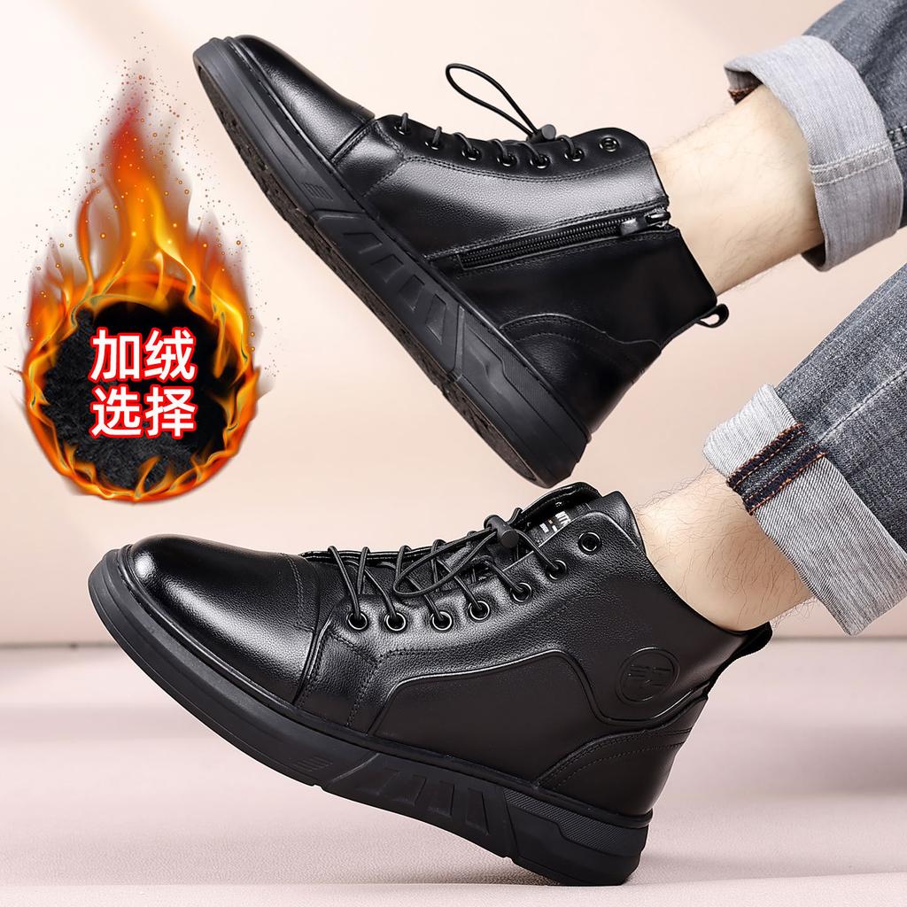 Sale Winter Velvet Leather Boots Medium Top Men'S High Top Men'S Shoes Genuine Leather Martin Boots Shoes Men'S Short Boots Tooling Style