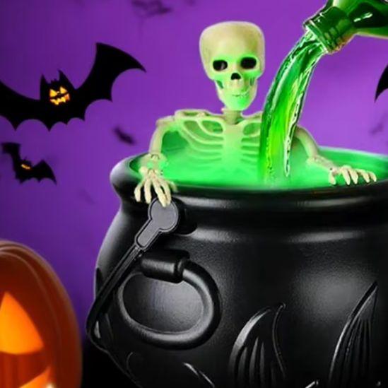 Witch Bowl Spooky Witch Mist Maker Cauldron with Floating Bottle Black Plastic Cauldron & Skeleton Halloween Decor LED Cauldron