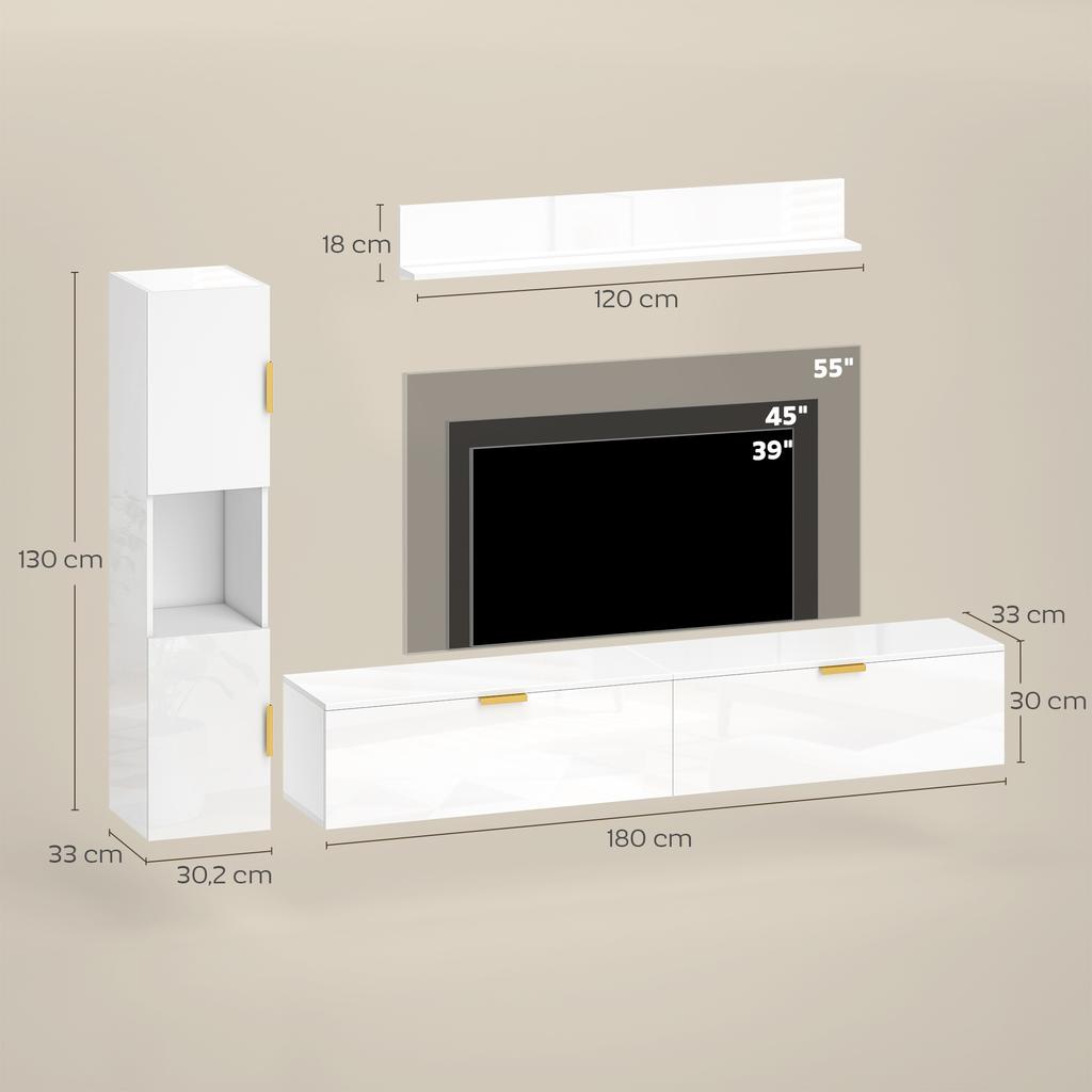 Floating TV Stand with Fold-down Doors Entertainment Center Wall Shelf Cabinet 180 cm High Gloss White