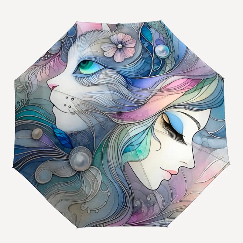1pc Floral Fantasy Unique Cat & Flower Design Automatic Folding Umbrella, Perfect for Fans, Travelers, Everyday Use, Festive Gift with 8-Bone Iro