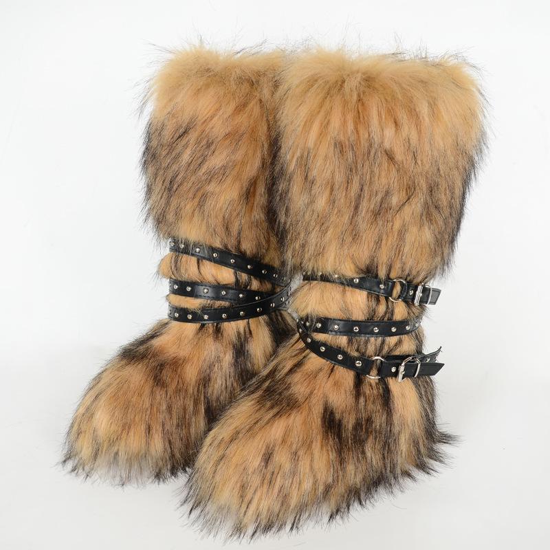 Damen Winterimitat Fuchsfell Stiefel Gürtel Punk Europäisch und Amerikanisch hoher Schaft 40 langer Schaft Schneestiefel Schuhe
