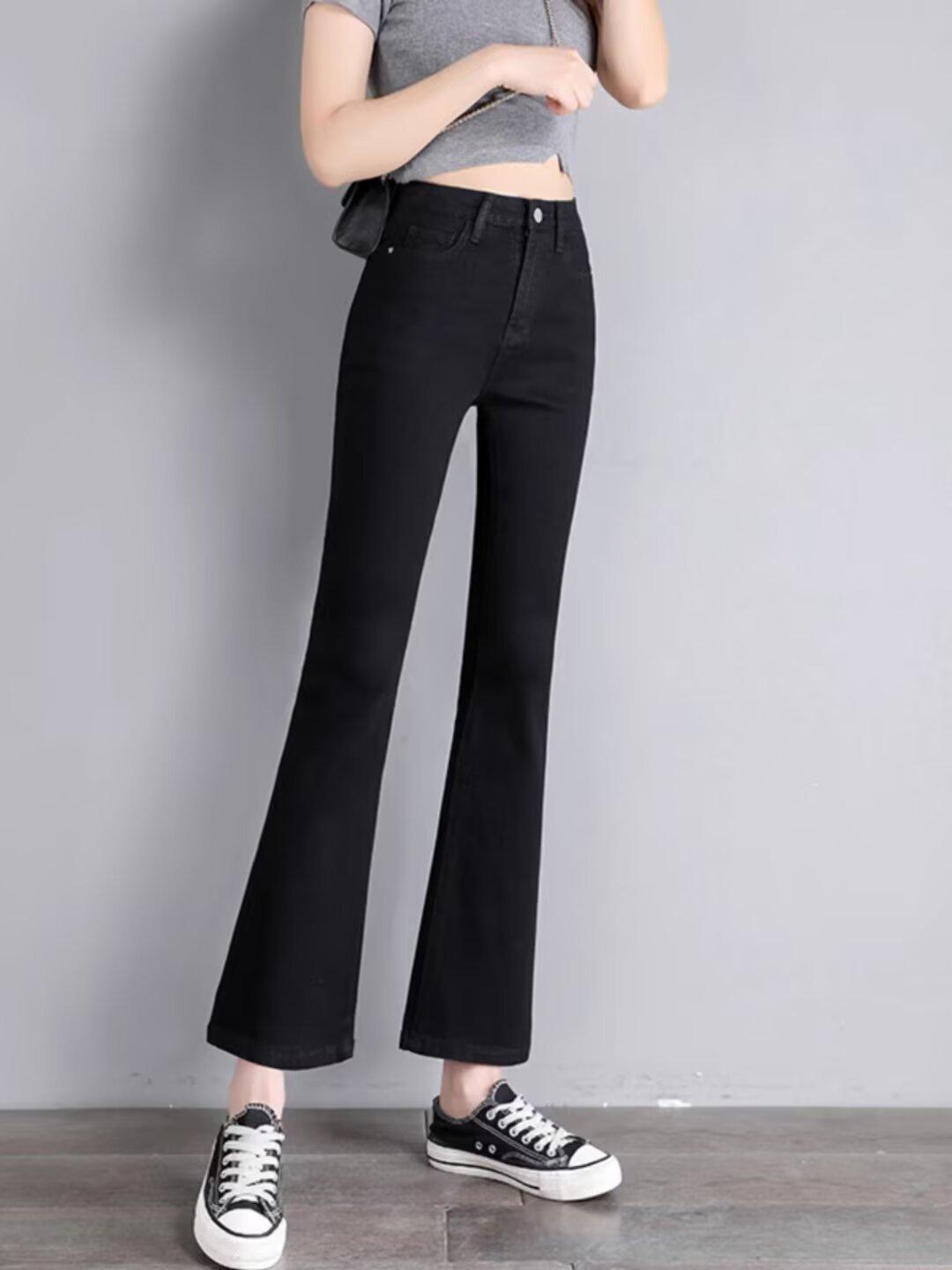 

Women s High Waist Retro Slit Micro Flare Cropped Jeans M чёрный