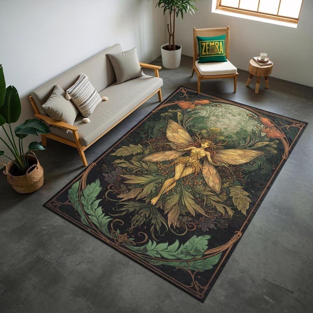 Vintage Feenpilz Sonne Mond Wirbel Himmel Blumiger Rand Rutschfester Teppich Cottagecore Hexe Waschbarer Innenraumteppich