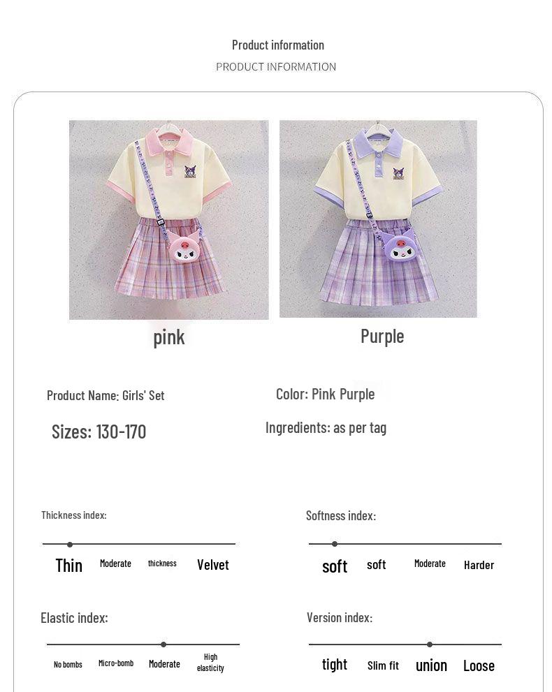 Kuromi Girls' Summer Cartoon JK Skirt Set - Short Sleeve Dress for Middle and Big Kids
