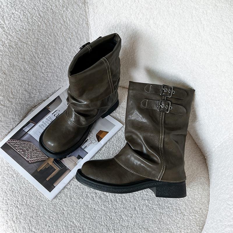 Vintage Inner Height Increasing Coarse Heel Short Boots Western Cowboy Pile Boots Knight Boots Martin Boots Women's Boots