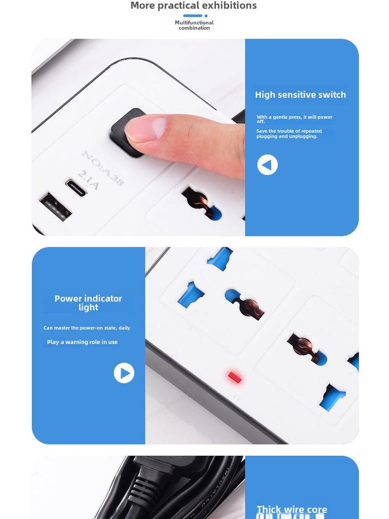 International Universal Power Strip with USB, Multi-Purpose UK & EU Plug Board with Switch