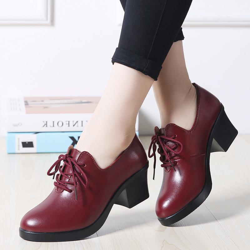 

Кожаная обувь на высоком каблуке, повседневная обувь из коровьей кожи, женская обувь на толстом высоком каблуке, повседневная обувь для мамы, хлопковая обувь, ретро профессиональная обувь 41