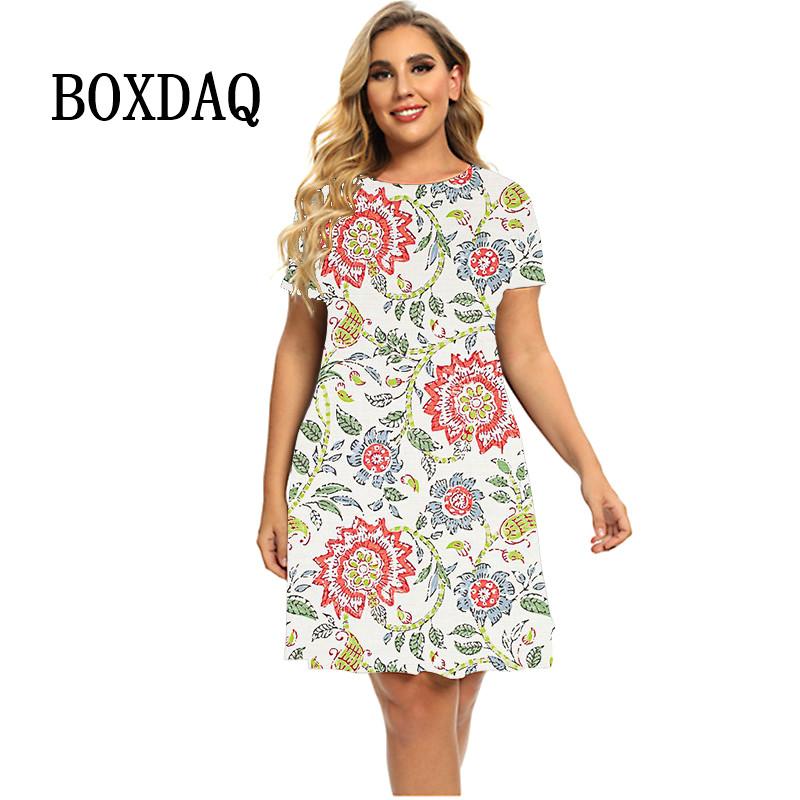 Butterfly Flower Print Summer Dress Women Oversized Short Sleeve Dress Casual Pullover O-Neck Loose Party Dress Ladies Vestidos