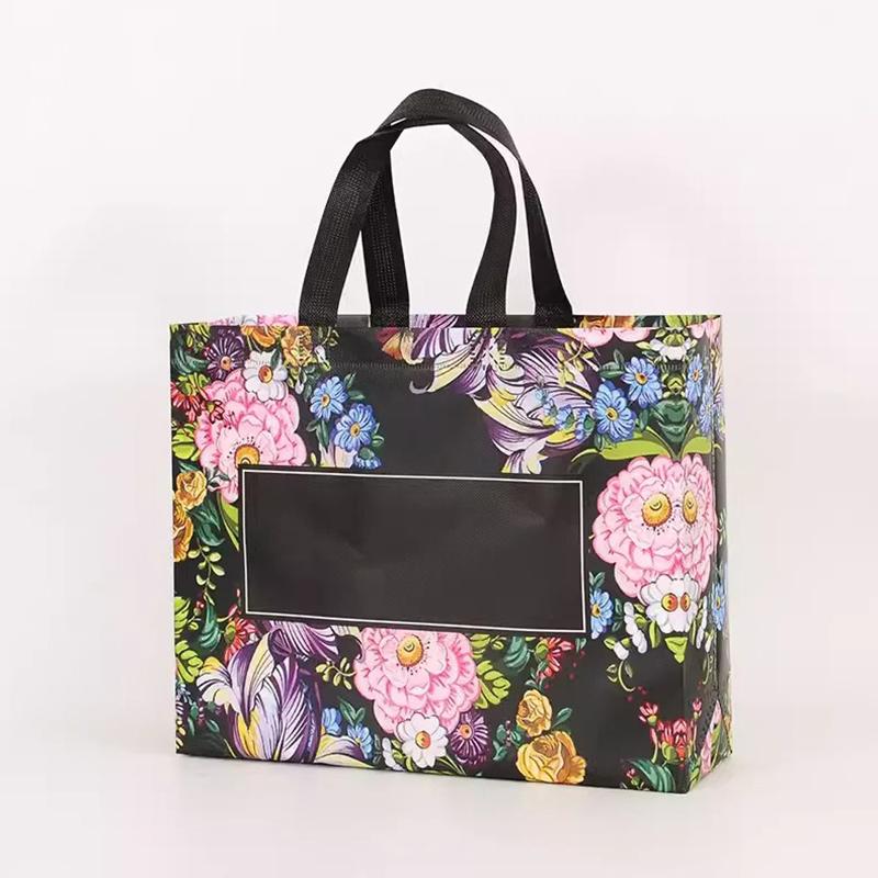 10PCS Rose Printing Packaging Shopping Bag Handle Waterproof Non Woven Fabric Gift Bags Black Clothing Store HandBag
