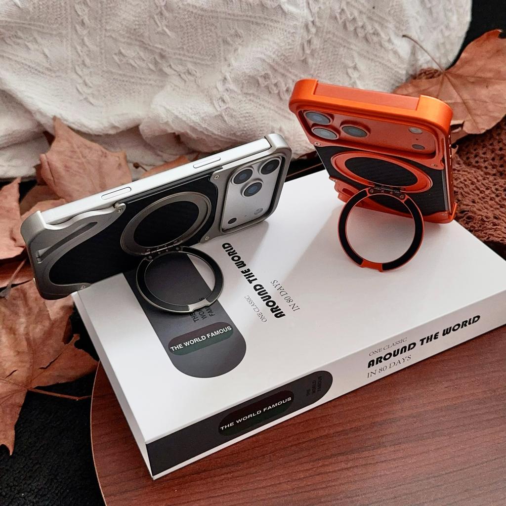 Carbon Fiber Alloy Aluminum 360 Rotating Holder Folding Bracket Magnetic Case for iPhone 17Pro Max Wireless Charging Stand Cover