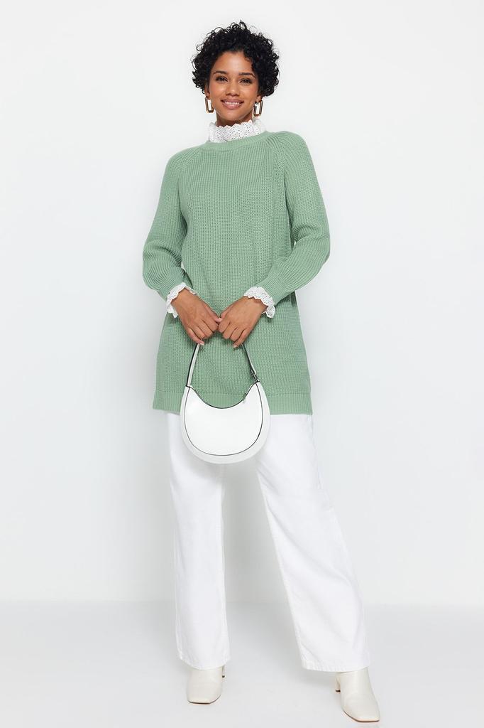 Women's Fashionable Stylish Hijab Sweater Black Guipure Detailed Thessaloniki Knitwear Sweater