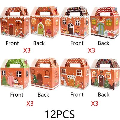 12PCS With Handle Christmas Gift Box Cartoon Design Candy Cookies Merry Christmas Decoration Gingerbread House Packaging Box