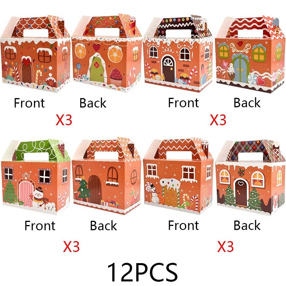 12PCS With Handle Christmas Gift Box Gingerbread House Cartoon Design Merry Christmas Decoration Packaging Box Candy Cookies