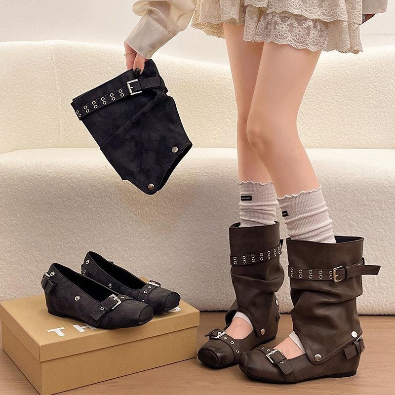 Removable inner height-increasing cool boots, trouser tube is thin, fashionable belt buckle, cool boots, shallow mouth two wear, women's large tube