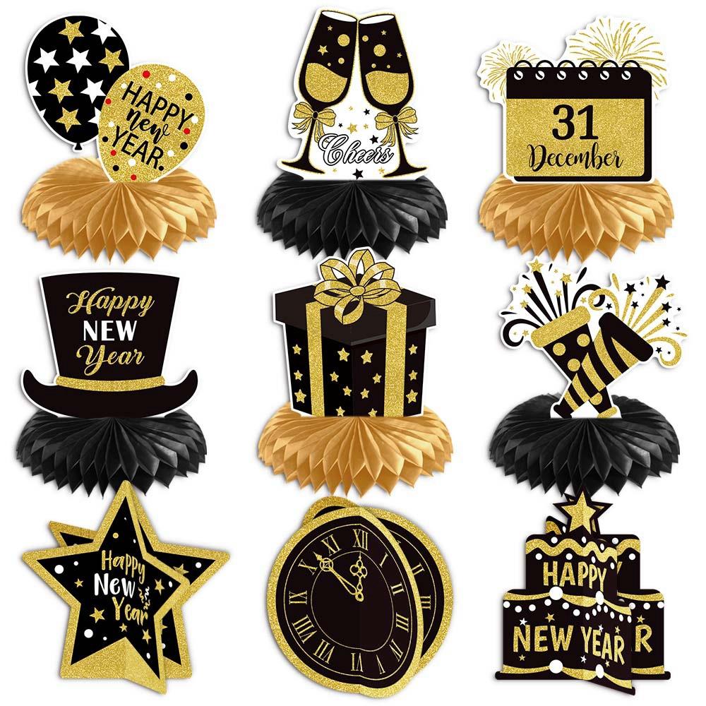 9PCS New Year party decoration honeycomb ornaments New Year s Eve atmosphere decoration props desktop honeycomb table 9pcs