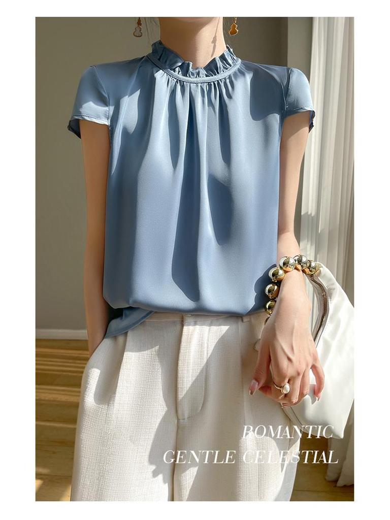 Women's Faux Silk Mock Neck Short Sleeve Satin Tank Top