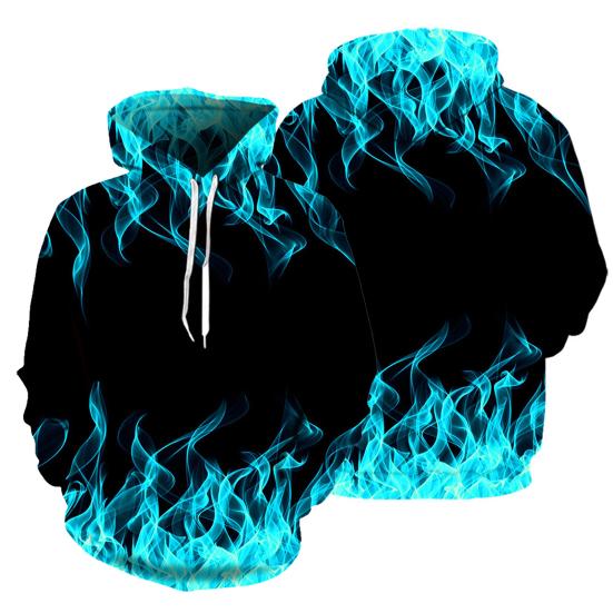 Couple Hoodie Colorful Flame Drawstring Spring Autumn Digital Fire Printed Pockets Sweatshirt