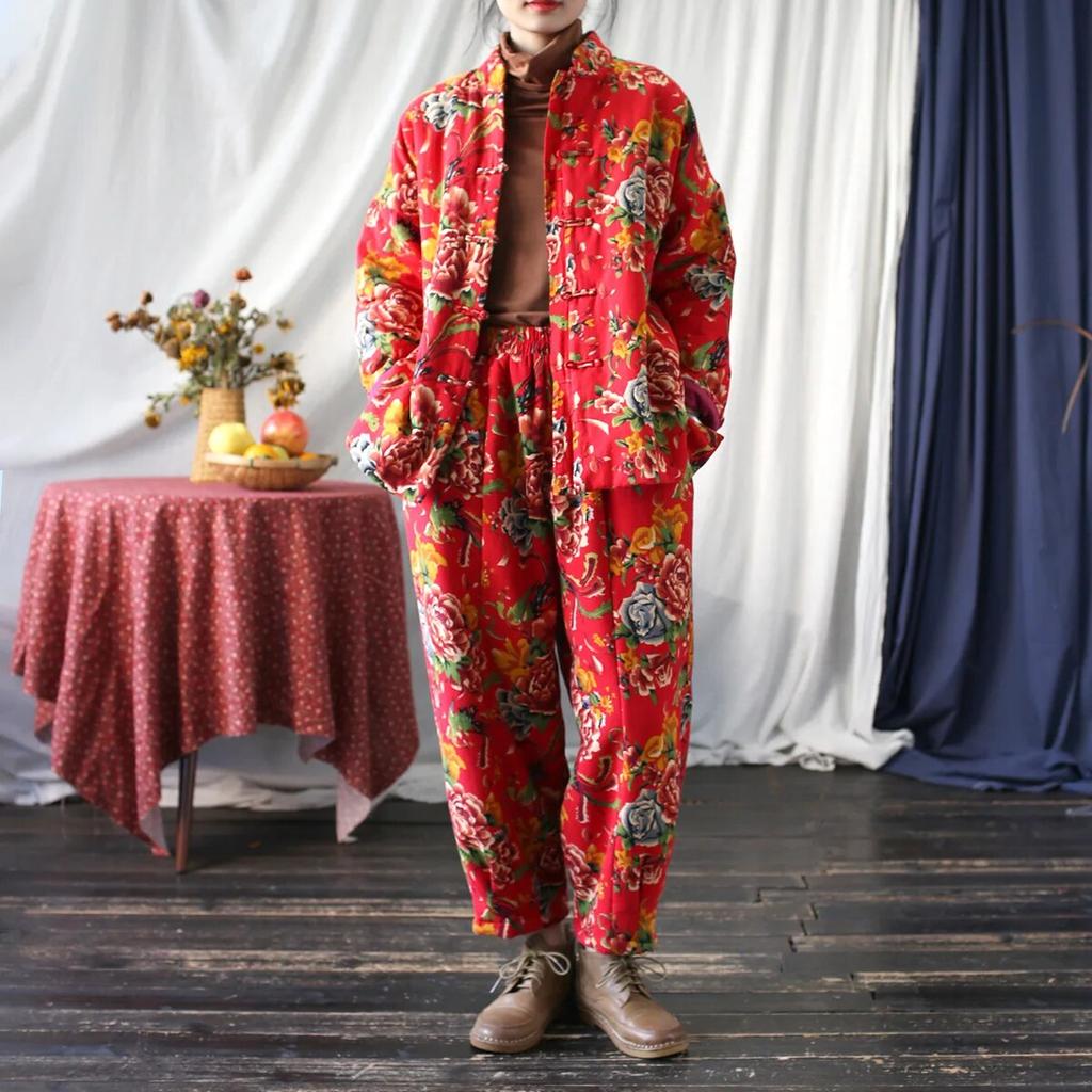Johnature Dámské teplé kalhoty Vintage Plus s elastickým pasem Zimní kalhoty Červené květinové kalhoty v čínském stylu