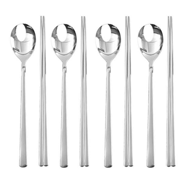 Willive husholdningsskje-sett i rustfritt stål, sølv, 4 skjeer + 4 spisepinner, 1 sett, populært koreansk servise