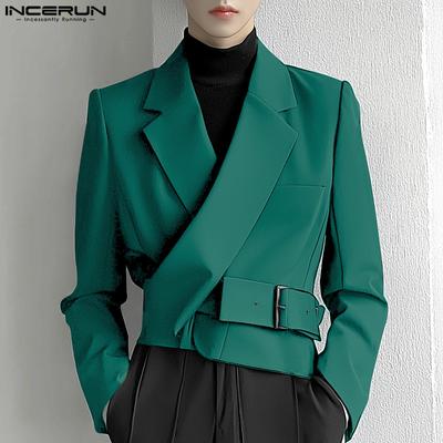 Men Lapel Long Sleeve Side Belt Short Blazer Casual Jackets