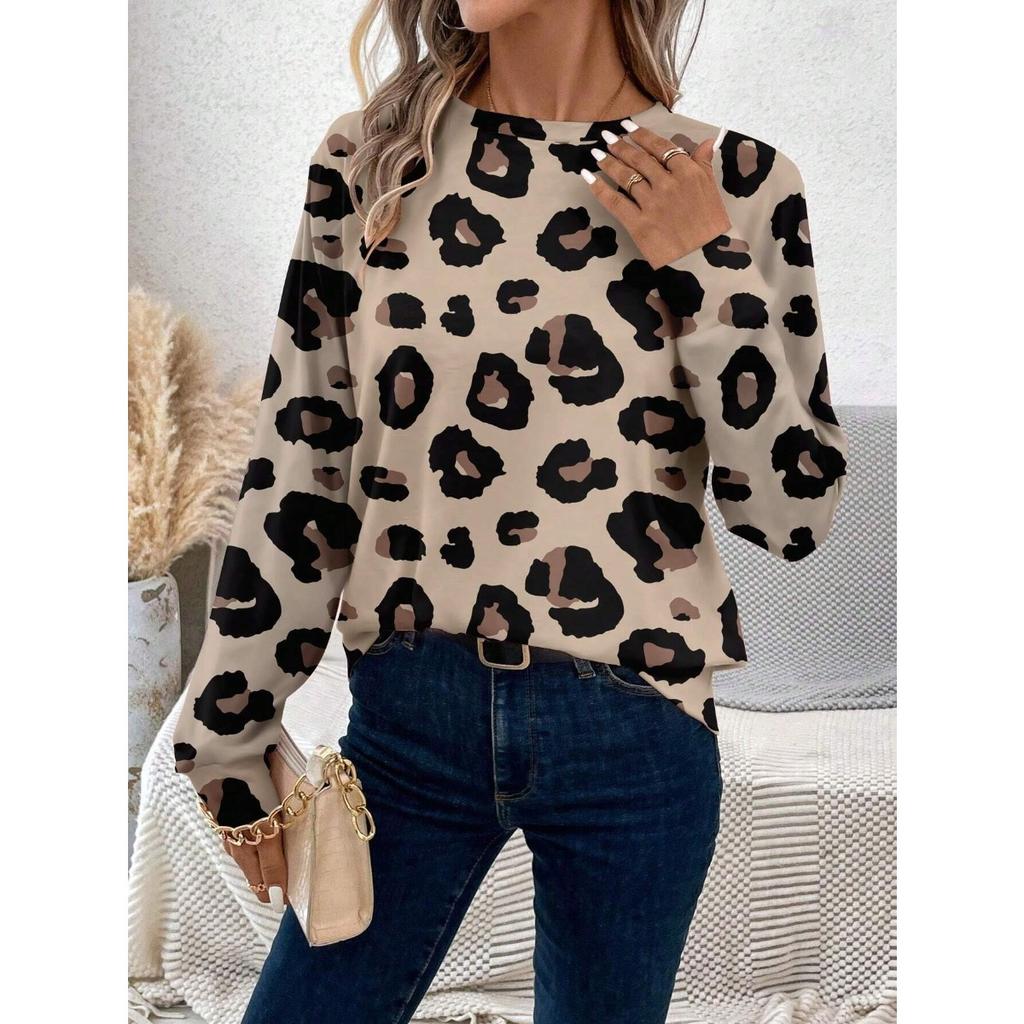 Round Neck 3D Printed Leopard Print Pattern Top Fashionable Casual Long Sleeved Women's Sweatshirts