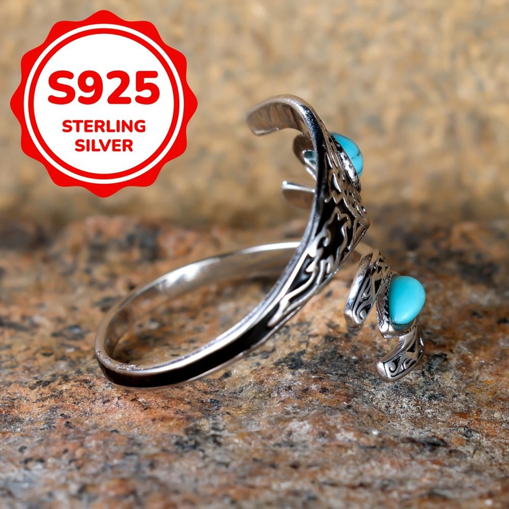 S925 Sterling Silver Double-sided Teardrop Turquoise Open Rings for Women Ethnic Bohemian Style Adjustable Ring Jewelry Accessories