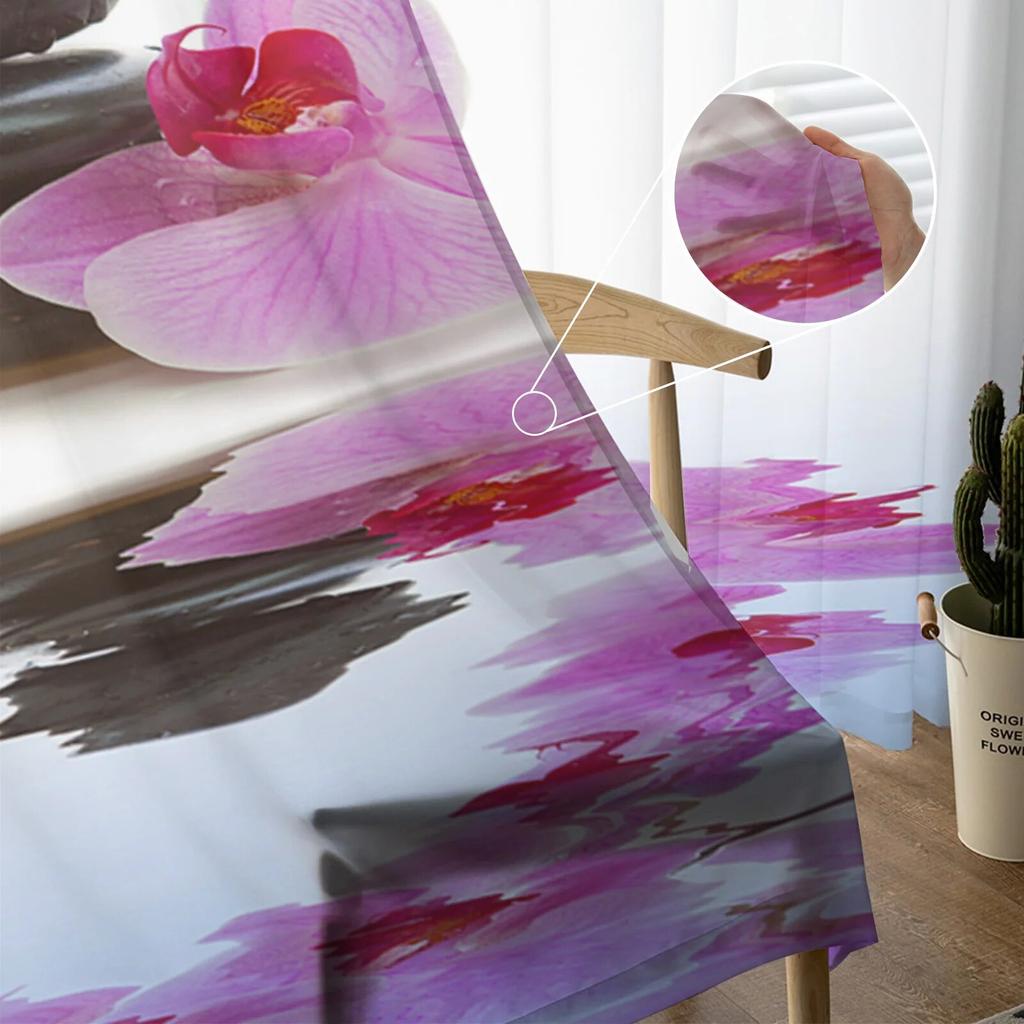 Flower Pink Orchid Reflection Sheer Curtains for Girl Kids Bedroom Kitchen Window Drapes Curtain Home Decoration