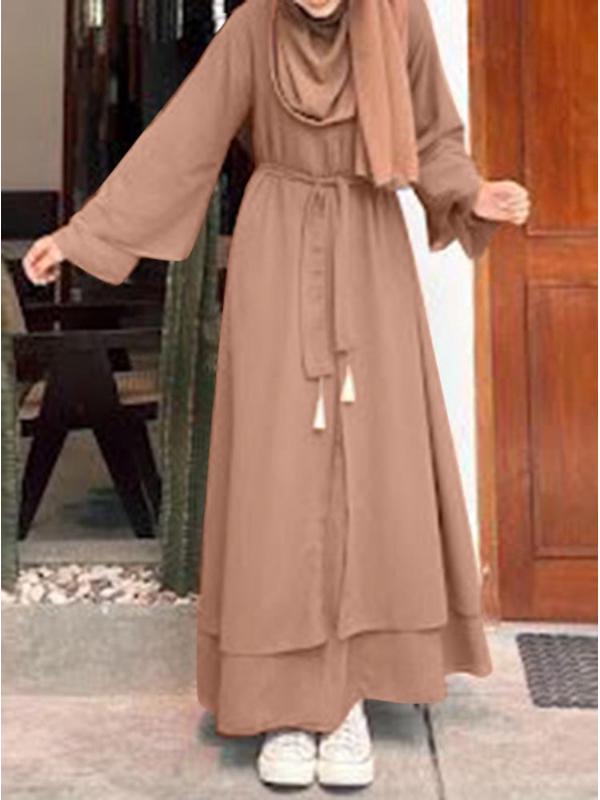 

2024 Весна/Осень Ретро Мусульманская Мода Искусство Свободное Платье с Круглым Вырезом и Поясом M верблюд