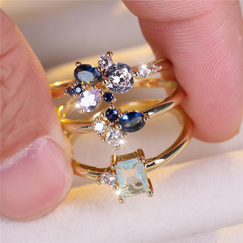 

Luxury Female 3pcs Blue White Zircon Stone Engagement Ring Set Cute Yellow Gold Color Wedding For Women 13