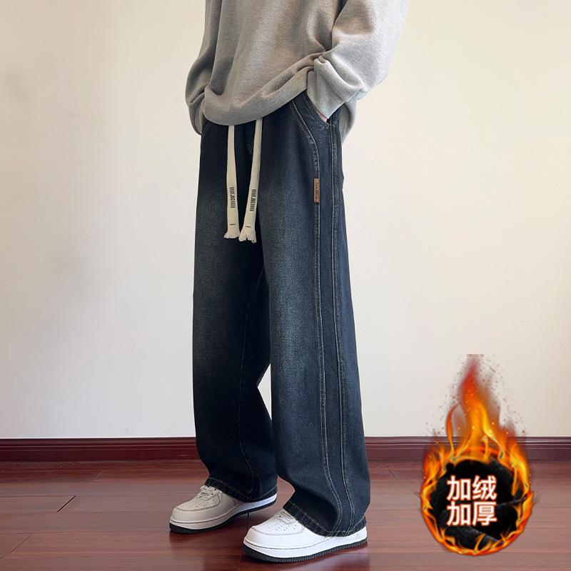 Popular Loose Fleece Straight Jeans New Men's American Fleece Trendy Casual Thermal Trousers Men