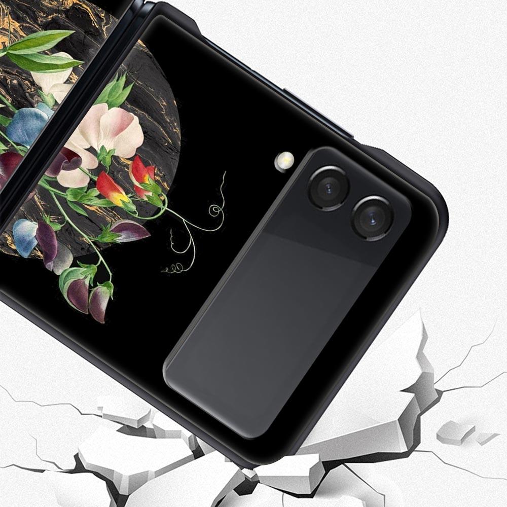 Handyhülle mit Vintage-Blumen-Motiv, botanischer Marmor, für Samsung Galaxy Z Flip 3, 4, 5, schwarze faltbare Handyhülle, harte Schutzhülle