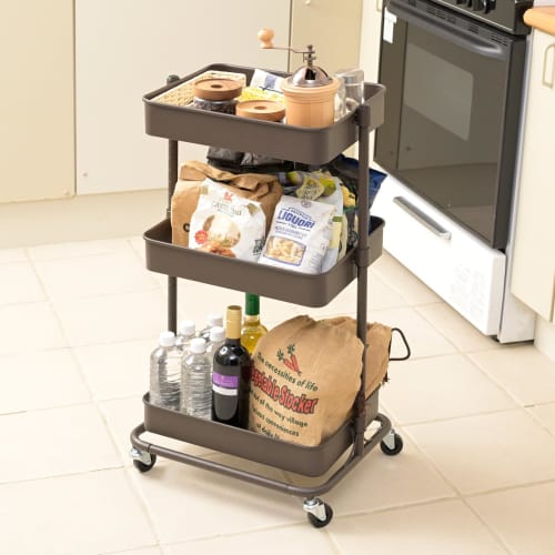 YAMAZEN Kitchen Cart with Casters, 3-Tier Basket Trolley, Mesh Type, Height Adjustable, 30kg Weight Capacity, 45.5cm Wide x 36cm Deep x 81cm High, Ass