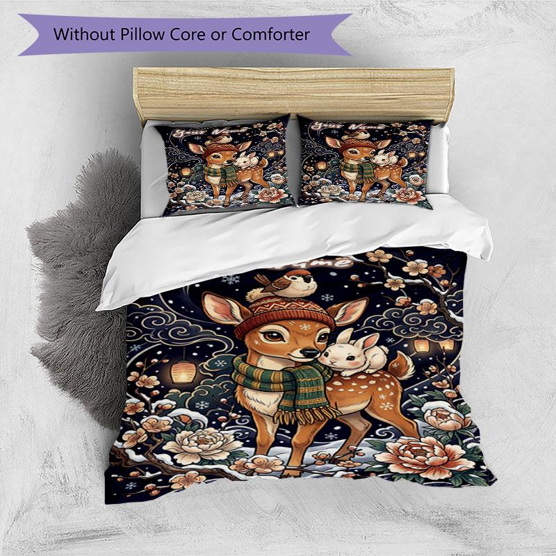 3PC Custom Name Winter Deer Bunny Bedding Set Duvet Cover Closure Includes 1 Duvet Cover & 2 Pillowcases for Bedroom